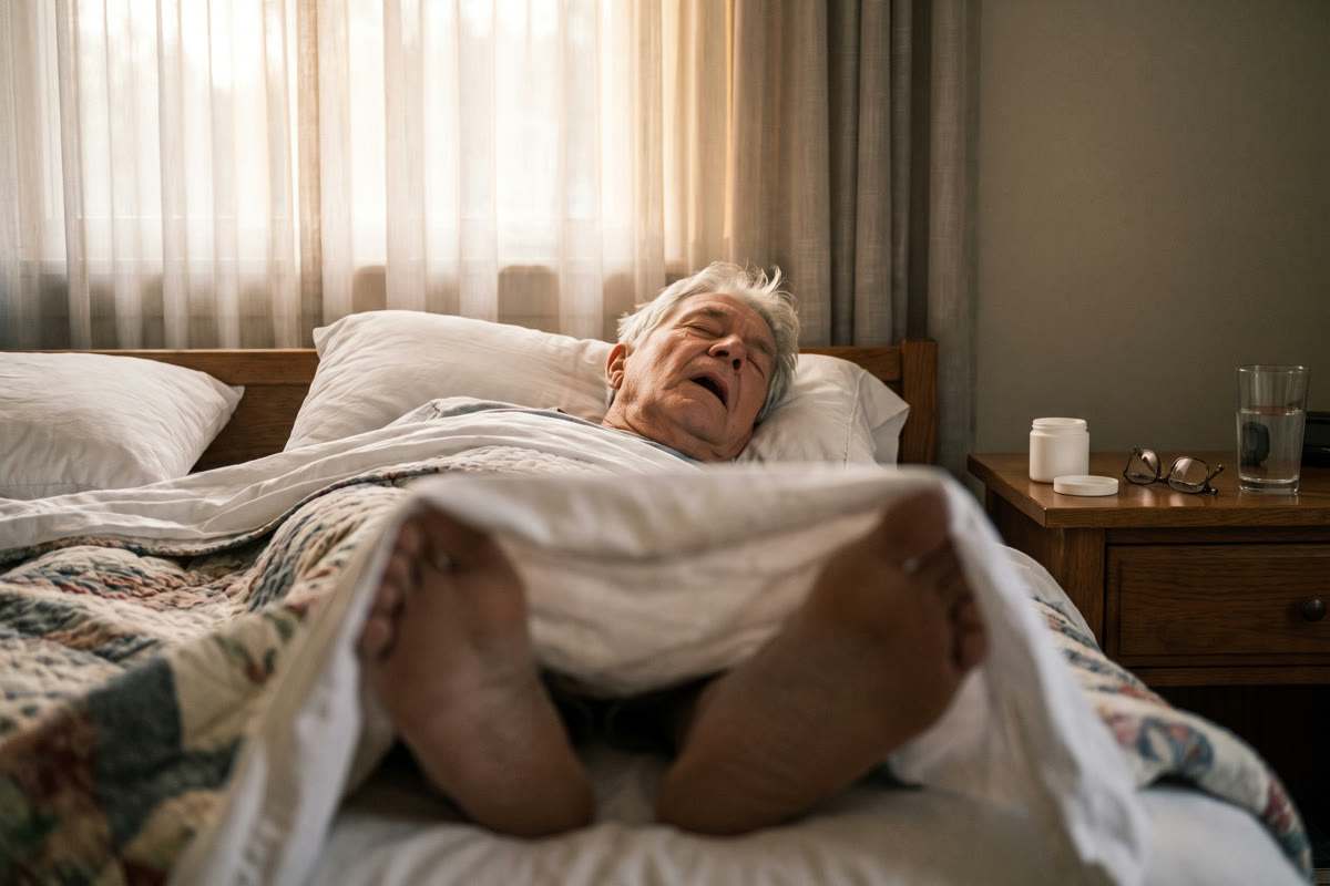 6:40 in the morning: Ray still asleep, the sheet pulled up over his feet, the jar on the nightstand