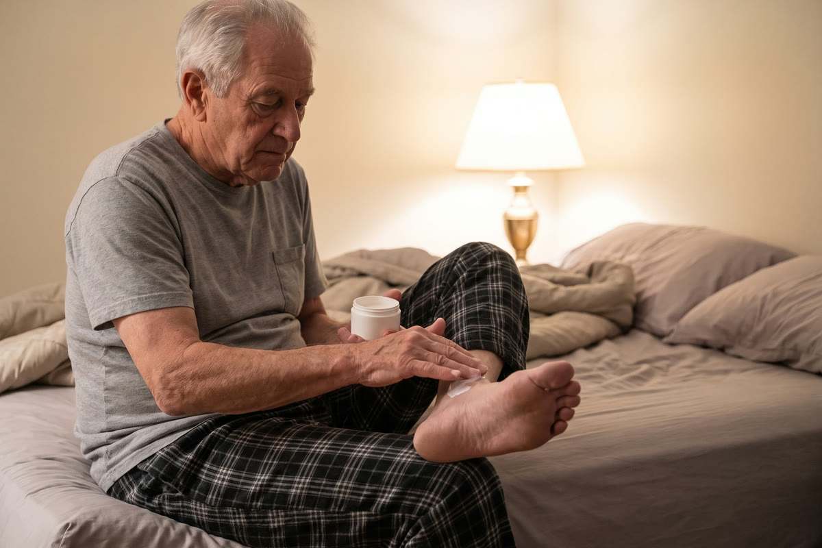9 PM: Ray on the edge of the bed, rubbing the balm into the top of his foot under the lamp