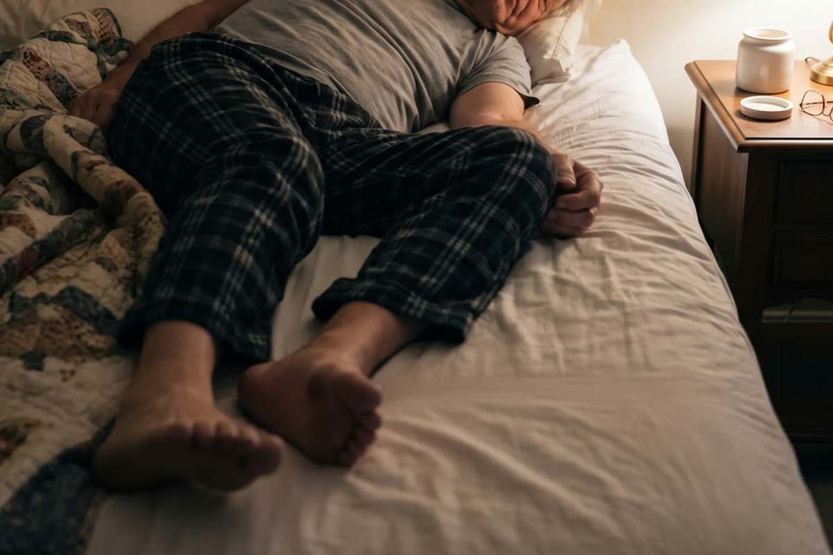 Ray's legs lying still on the sheet through the night, the calf doing nothing for eight hours