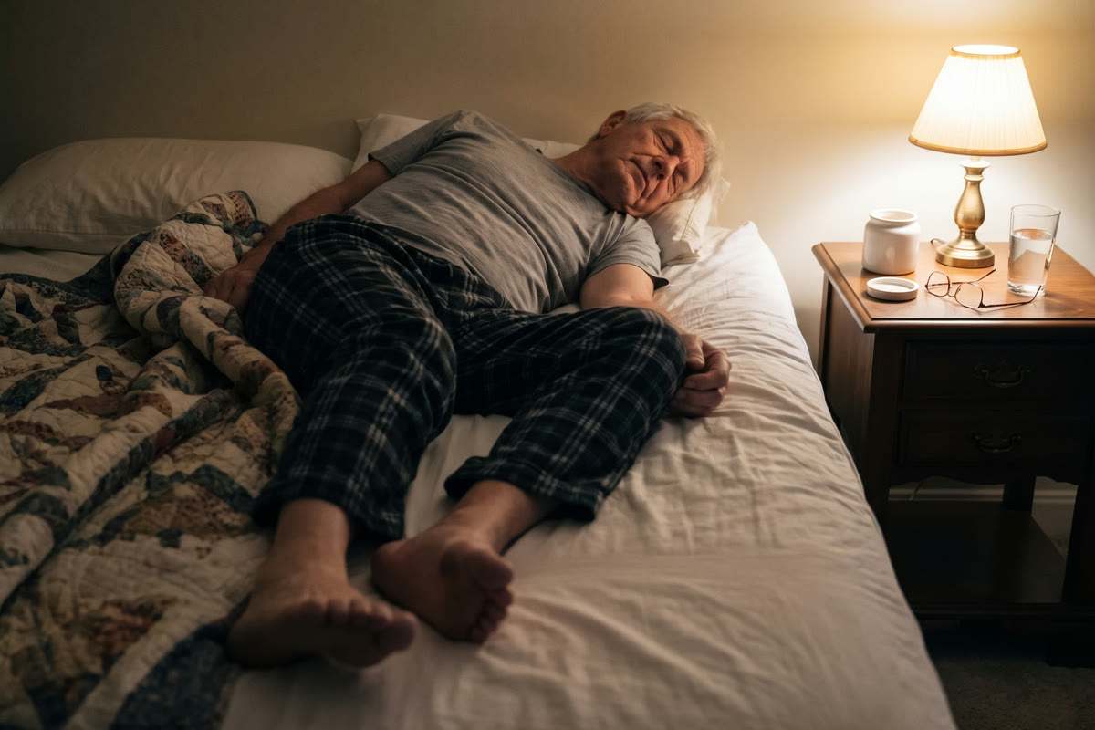 2 AM: Ray asleep, lying still, the lamp on the nightstand