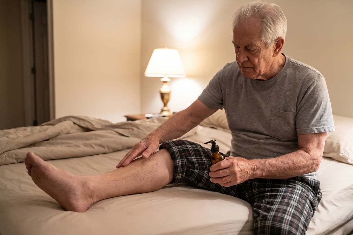 9 PM: Ray on the edge of the bed, rubbing the Warming Oil up his calf under the lamp