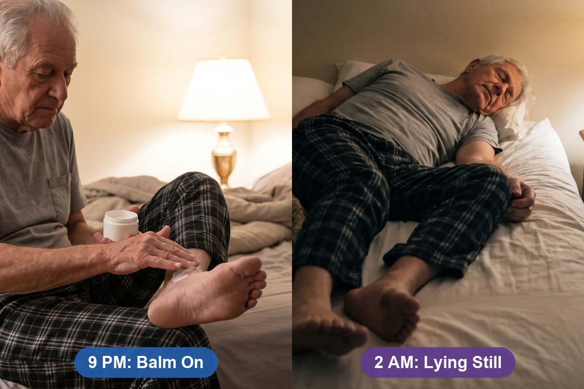 9 PM: Ray in the lamplight rubbing the balm into his foot, the jar in his hand. 2 AM: Ray asleep, lying still, the lamp on the nightstand