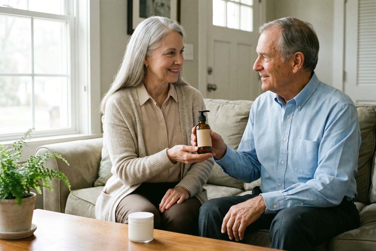 Dr. Susan Miller handing Ray the Natural Warming Oil, the Comfort Balm jar on the table